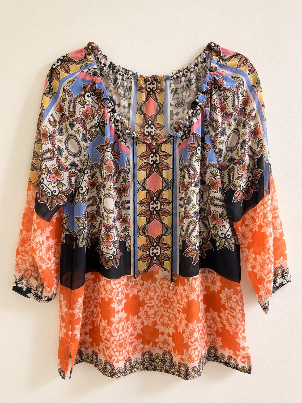 Democracy Women’s Boho Sheer Peasant Blouse Patchwork Floral Tunic Top Size S